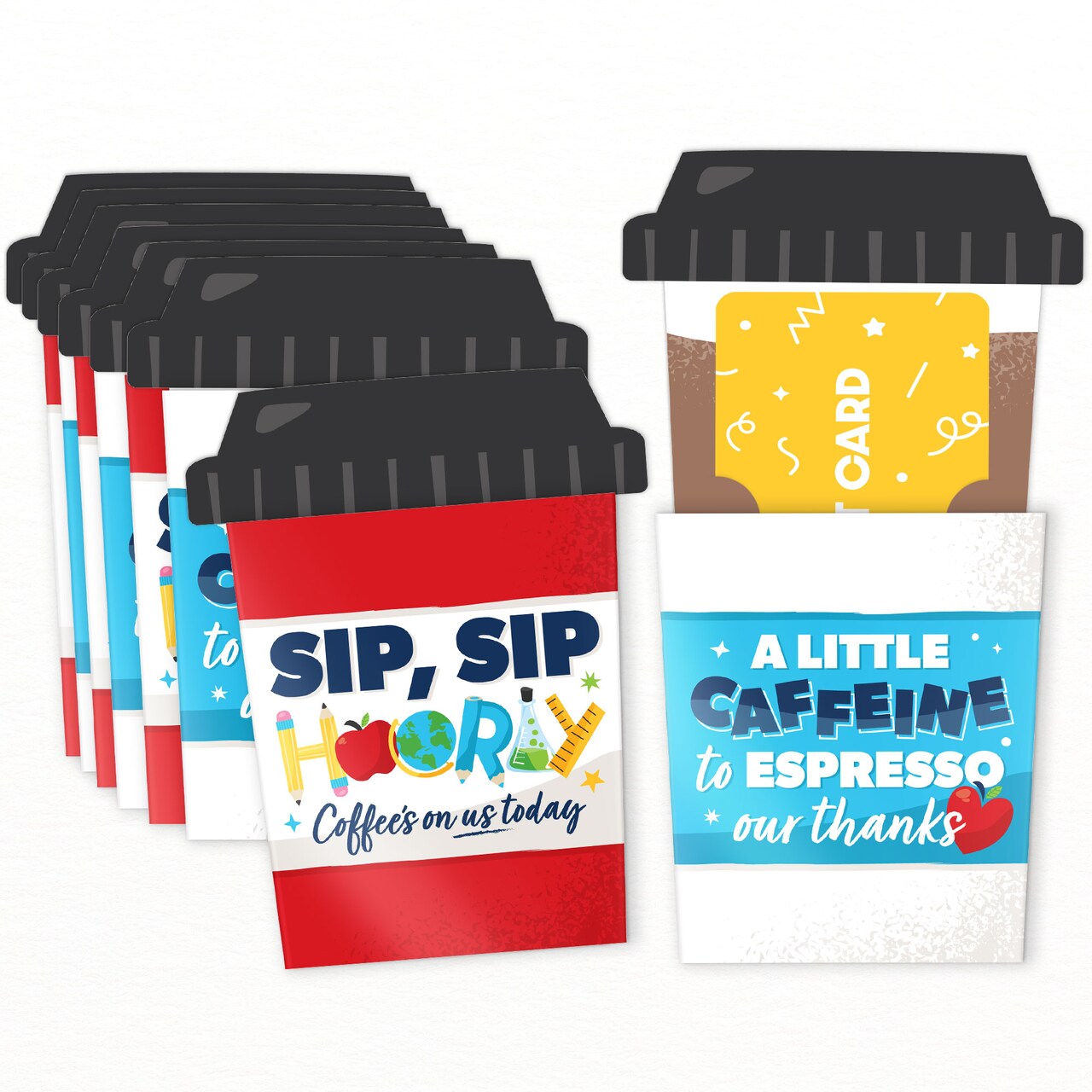 Big Dot of Happiness Assorted Thank You Teachers Coffee Cup Gift Card Holders with Envelopes, Teacher Appreciation Nifty Gifty Pack, Set of 8